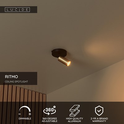 Lucide RITMO - Ceiling spotlight - Ø 10 cm - 1xGU10 (MR11) - Matt Gold / Brass